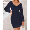 imageBTFBM 2025 Womens Summer Spring Bodycon Dress Cross V Neck Ruched Mesh Long Sleeve Party Short Formal Cocktail DressesSolid Navy