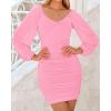 imageBTFBM 2025 Womens Summer Spring Bodycon Dress Cross V Neck Ruched Mesh Long Sleeve Party Short Formal Cocktail DressesSolid Pink