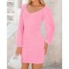 imageBTFBM 2025 Womens Summer Spring Bodycon Dress Cross V Neck Ruched Mesh Long Sleeve Party Short Formal Cocktail DressesSolid Pink