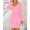 imageBTFBM 2025 Womens Summer Spring Bodycon Dress Cross V Neck Ruched Mesh Long Sleeve Party Short Formal Cocktail DressesSolid Pink