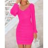 imageBTFBM 2025 Womens Summer Spring Bodycon Dress Cross V Neck Ruched Mesh Long Sleeve Party Short Formal Cocktail DressesSolid Rose Red