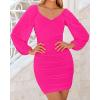 imageBTFBM 2025 Womens Summer Spring Bodycon Dress Cross V Neck Ruched Mesh Long Sleeve Party Short Formal Cocktail DressesSolid Rose Red