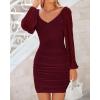 imageBTFBM 2025 Womens Summer Spring Bodycon Dress Cross V Neck Ruched Mesh Long Sleeve Party Short Formal Cocktail DressesSolid Wine Red