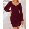 imageBTFBM 2025 Womens Summer Spring Bodycon Dress Cross V Neck Ruched Mesh Long Sleeve Party Short Formal Cocktail DressesSolid Wine Red