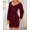 imageBTFBM 2025 Womens Summer Spring Bodycon Dress Cross V Neck Ruched Mesh Long Sleeve Party Short Formal Cocktail DressesSolid Wine Red