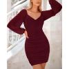 imageBTFBM 2025 Womens Summer Spring Bodycon Dress Cross V Neck Ruched Mesh Long Sleeve Party Short Formal Cocktail DressesSolid Wine Red