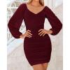 imageBTFBM 2025 Womens Summer Spring Bodycon Dress Cross V Neck Ruched Mesh Long Sleeve Party Short Formal Cocktail DressesSolid Wine Red