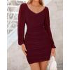 imageBTFBM 2025 Womens Summer Spring Bodycon Dress Cross V Neck Ruched Mesh Long Sleeve Party Short Formal Cocktail DressesSolid Wine Red