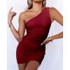 imageBTFBM Spring One Shoulder Bodycon Dresses 2025 Summer Sleeveless Ruched Homecoming Club Party Cocktail Mini DressesSolid Wine Red