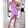 imageBTFBM Women 2025 Summer Fashion Elegant One Shoulder Cocktail Dress Ruffle Sleeve Wrap Ruched Bodycon Short Party DressesSolid Light Purple