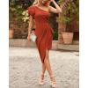 imageBTFBM Women 2025 Summer Fashion Elegant One Shoulder Cocktail Dress Ruffle Sleeve Wrap Ruched Bodycon Short Party DressesSolid Rust Red