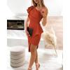imageBTFBM Women 2025 Summer Fashion Elegant One Shoulder Cocktail Dress Ruffle Sleeve Wrap Ruched Bodycon Short Party DressesSolid Rust Red