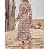 imageBTFBM Women Long Sleeve Dresses Spring Summer Clothes 2025 V Neck Floral High Waist Ruffle Boho Wedding Guest DressBig Floral Brown Green