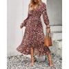 imageBTFBM Women Long Sleeve Dresses Spring Summer Clothes 2025 V Neck Floral High Waist Ruffle Boho Wedding Guest DressBig Floral Wine Red