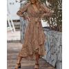 imageBTFBM Women Long Sleeve Dresses Spring Summer Clothes 2025 V Neck Floral High Waist Ruffle Boho Wedding Guest DressFloral Brown