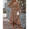 imageBTFBM Women Long Sleeve Dresses Spring Summer Clothes 2025 V Neck Floral High Waist Ruffle Boho Wedding Guest DressFloral Brown