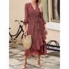 imageBTFBM Women Long Sleeve Dresses Spring Summer Clothes 2025 V Neck Floral High Waist Ruffle Boho Wedding Guest DressWine RedWhite