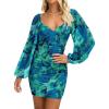 imageBTFBM 2025 Womens Summer Spring Bodycon Dress Cross V Neck Ruched Mesh Long Sleeve Party Short Formal Cocktail DressesPrint Green