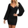 imageBTFBM 2025 Womens Summer Spring Bodycon Dress Cross V Neck Ruched Mesh Long Sleeve Party Short Formal Cocktail DressesSolid Black