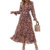 imageBTFBM Women Long Sleeve Dresses Spring Summer Clothes 2025 V Neck Floral High Waist Ruffle Boho Wedding Guest DressBig Floral Wine Red