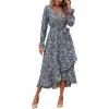 imageBTFBM Women Long Sleeve Dresses Spring Summer Clothes 2025 V Neck Floral High Waist Ruffle Boho Wedding Guest DressPrint Floral Blue