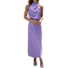 imageBTFBM Womens Sleeveless Cocktail Dresses Mock Neck Keyhole Elastic High Waist Evening Party Maxi Wedding Guest DressSolid Purple