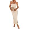 imageBTFBM Womens Tube Strapless Maxi Dress 2025 Summer Knit Backless Slit Bodycon Wedding Party Formal Cocktail DressesBeige