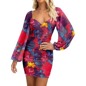 imageBTFBM 2025 Womens Summer Spring Bodycon Dress Cross V Neck Ruched Mesh Long Sleeve Party Short Formal Cocktail DressesBig Floral Navy Red