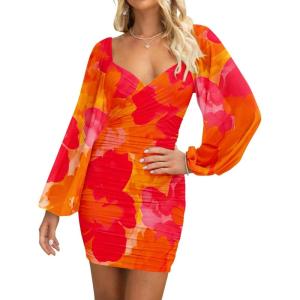 imageBTFBM 2025 Womens Summer Spring Bodycon Dress Cross V Neck Ruched Mesh Long Sleeve Party Short Formal Cocktail DressesBig Floral Orange Red