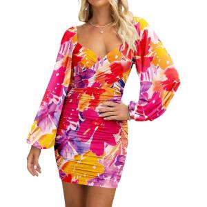 imageBTFBM 2025 Womens Summer Spring Bodycon Dress Cross V Neck Ruched Mesh Long Sleeve Party Short Formal Cocktail DressesBig Floral Red Purple