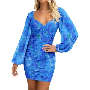 imageBTFBM 2025 Womens Summer Spring Bodycon Dress Cross V Neck Ruched Mesh Long Sleeve Party Short Formal Cocktail DressesPrint Blue
