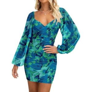 imageBTFBM 2025 Womens Summer Spring Bodycon Dress Cross V Neck Ruched Mesh Long Sleeve Party Short Formal Cocktail DressesPrint Green