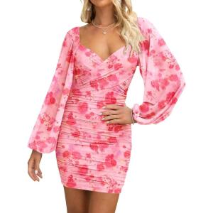 imageBTFBM 2025 Womens Summer Spring Bodycon Dress Cross V Neck Ruched Mesh Long Sleeve Party Short Formal Cocktail DressesPrint Pink