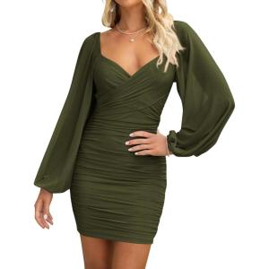 imageBTFBM 2025 Womens Summer Spring Bodycon Dress Cross V Neck Ruched Mesh Long Sleeve Party Short Formal Cocktail DressesSolid Army Green