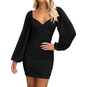 imageBTFBM 2025 Womens Summer Spring Bodycon Dress Cross V Neck Ruched Mesh Long Sleeve Party Short Formal Cocktail DressesSolid Black