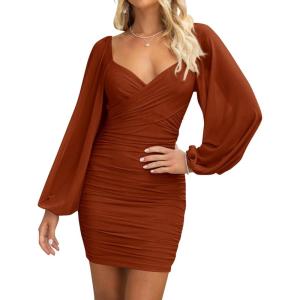 imageBTFBM 2025 Womens Summer Spring Bodycon Dress Cross V Neck Ruched Mesh Long Sleeve Party Short Formal Cocktail DressesSolid Caramel