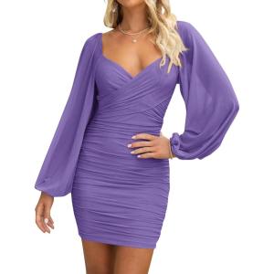imageBTFBM 2025 Womens Summer Spring Bodycon Dress Cross V Neck Ruched Mesh Long Sleeve Party Short Formal Cocktail DressesSolid Grey Purple