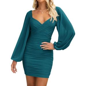 imageBTFBM 2025 Womens Summer Spring Bodycon Dress Cross V Neck Ruched Mesh Long Sleeve Party Short Formal Cocktail DressesSolid Lake Blue