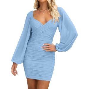 imageBTFBM 2025 Womens Summer Spring Bodycon Dress Cross V Neck Ruched Mesh Long Sleeve Party Short Formal Cocktail DressesSolid Light Blue