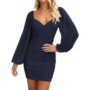 imageBTFBM 2025 Womens Summer Spring Bodycon Dress Cross V Neck Ruched Mesh Long Sleeve Party Short Formal Cocktail DressesSolid Navy