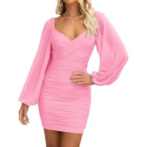 imageBTFBM 2025 Womens Summer Spring Bodycon Dress Cross V Neck Ruched Mesh Long Sleeve Party Short Formal Cocktail DressesSolid Pink