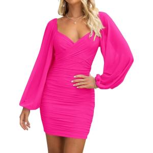 imageBTFBM 2025 Womens Summer Spring Bodycon Dress Cross V Neck Ruched Mesh Long Sleeve Party Short Formal Cocktail DressesSolid Rose Red
