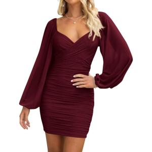 imageBTFBM 2025 Womens Summer Spring Bodycon Dress Cross V Neck Ruched Mesh Long Sleeve Party Short Formal Cocktail DressesSolid Wine Red