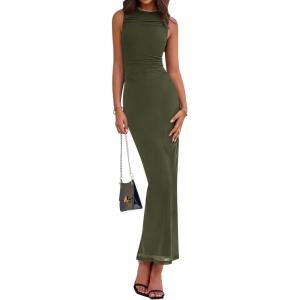 imageBTFBM Formal Wedding Guest Dresses for Women Summer 2025 Sleeveless Ruched Bodycon Mesh Elegant Maxi Cocktail DressArmy Green