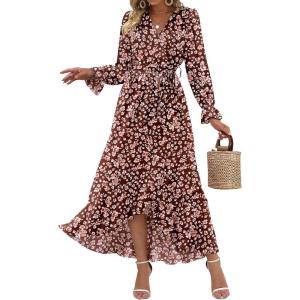 imageBTFBM Women Long Sleeve Dresses Spring Summer Clothes 2025 V Neck Floral High Waist Ruffle Boho Wedding Guest DressBig Floral Wine Red