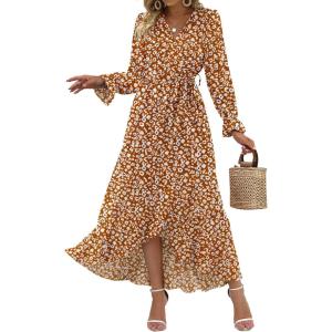 imageBTFBM Women Long Sleeve Dresses Spring Summer Clothes 2025 V Neck Floral High Waist Ruffle Boho Wedding Guest DressBig Floral Yellow