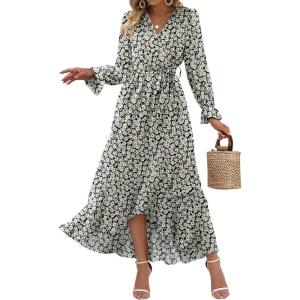imageBTFBM Women Long Sleeve Dresses Spring Summer Clothes 2025 V Neck Floral High Waist Ruffle Boho Wedding Guest DressFloral Black White