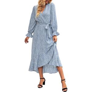 imageBTFBM Women Long Sleeve Dresses Spring Summer Clothes 2025 V Neck Floral High Waist Ruffle Boho Wedding Guest DressFloral Blue
