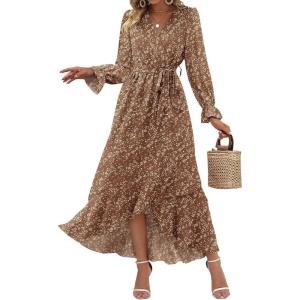 imageBTFBM Women Long Sleeve Dresses Spring Summer Clothes 2025 V Neck Floral High Waist Ruffle Boho Wedding Guest DressFloral Brown