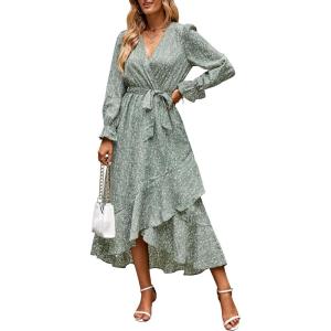 imageBTFBM Women Long Sleeve Dresses Spring Summer Clothes 2025 V Neck Floral High Waist Ruffle Boho Wedding Guest DressFloral Green